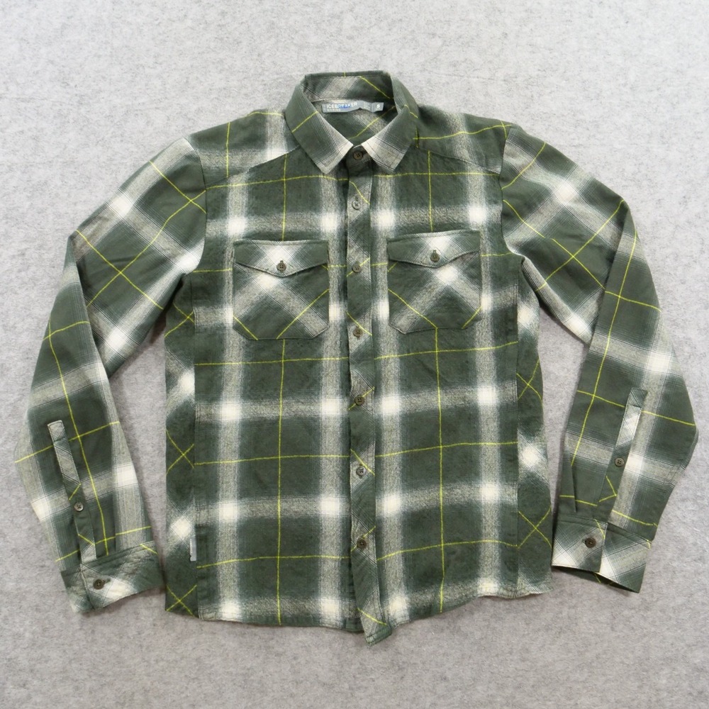 Icebreaker Shirt Mens Small Green Plaid Merino Wool Flannel Long Sleeve Button